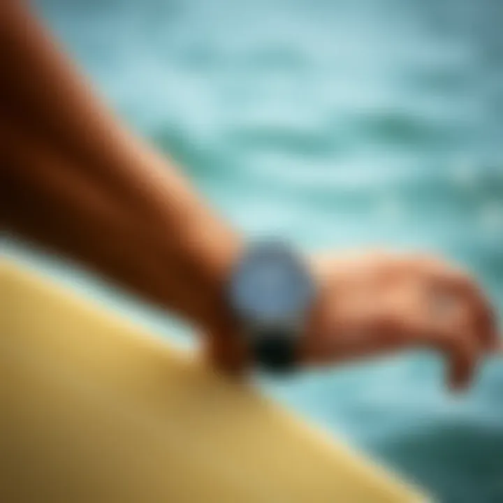 Surfer Bracelet Symbolism and Connection Symbolic surfer bracelet worn on a wrist against a backdrop of ocean waves