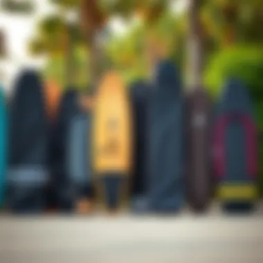 Variety of Long Board Surf Bag Types Different types of long board surf bags displayed side by side