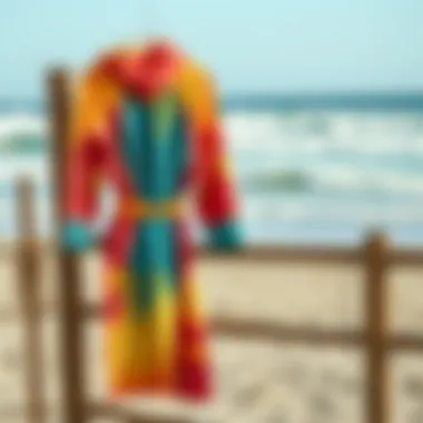 Vibrant Changing Robe by the Beach A vibrant changing robe hung on a beachside fence with ocean waves in the background