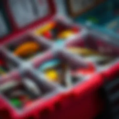 Tackle Box Compartments with Bait and Lures Close-up of tackle box compartments filled with bait and lures