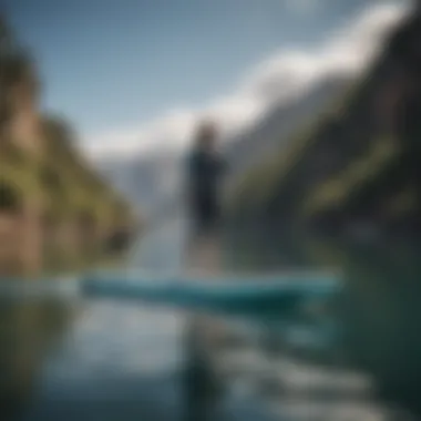 Modern Paddleboard Engine Design A sleek paddleboard with an integrated engine gliding across calm waters, showcasing modern design.
