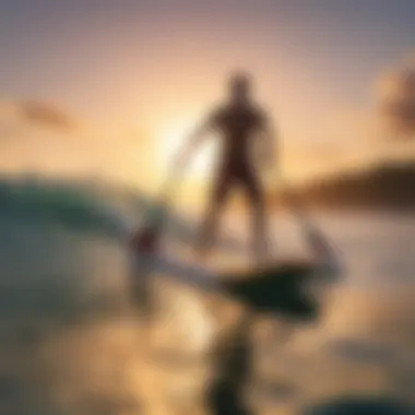 Thrill of Powered Paddleboarding A vibrant sunset backdrop highlighting a powered paddleboard in action, representing the thrill of powered sports.