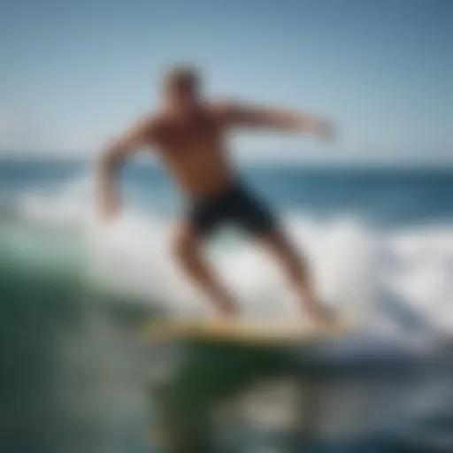 Dynamic surfer showcasing flexibility in stretch boardshorts