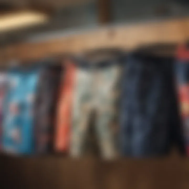 Stylish and varied designs of stretch boardshorts on display