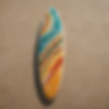 Innovative Upcycled Surfboard Design A surfboard crafted from upcycled materials showcasing vibrant colors and innovative design.