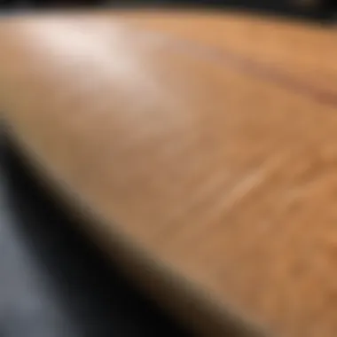 Sustainable Materials in Surfboard Production Close-up of eco-friendly materials used in surfboard manufacturing, highlighting textures and sustainability.