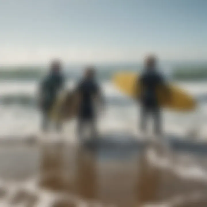 Group of surfers riding waves on eco-conscious surfboards made from upcycled materials.