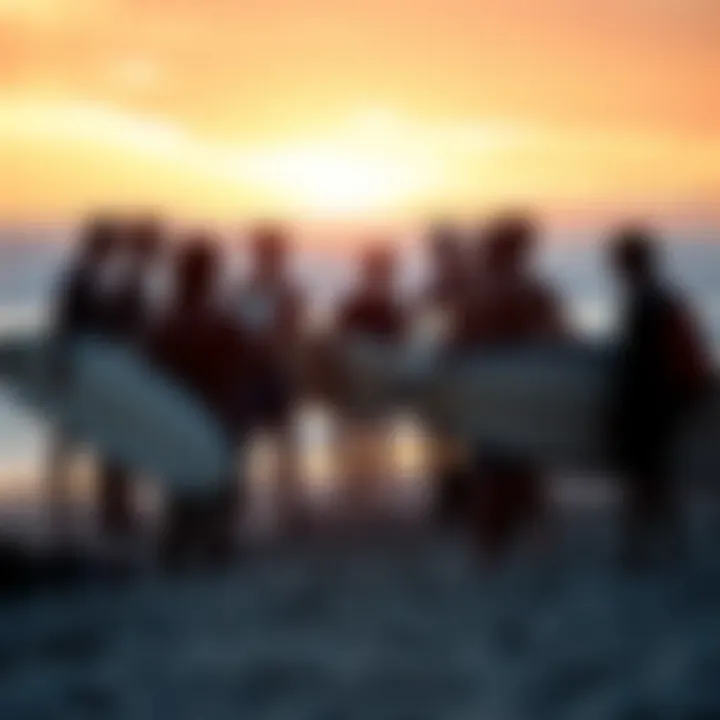 Community Connection A group of surfers gathered on the beach, sharing stories as the sun sets.