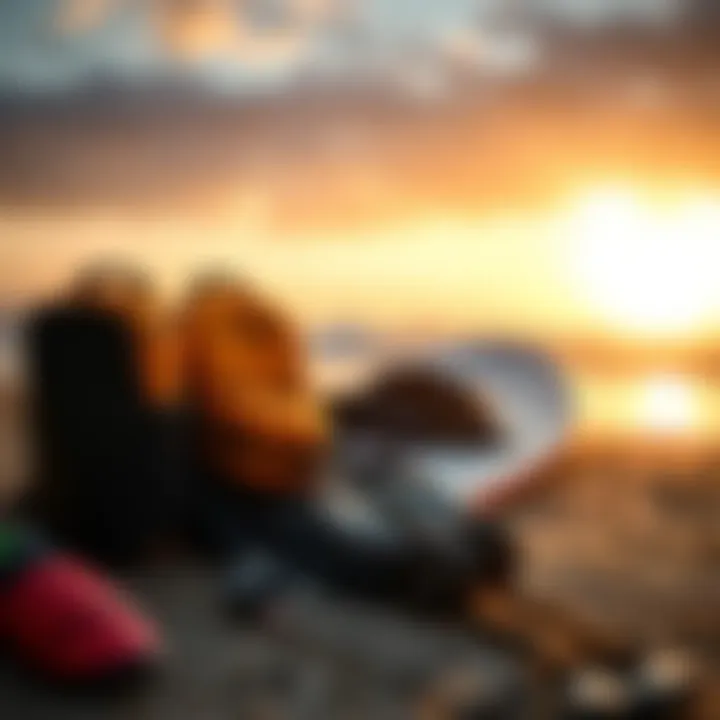 Gear Ready for the Waves Essential surfing gear laid out against a backdrop of the setting sun.