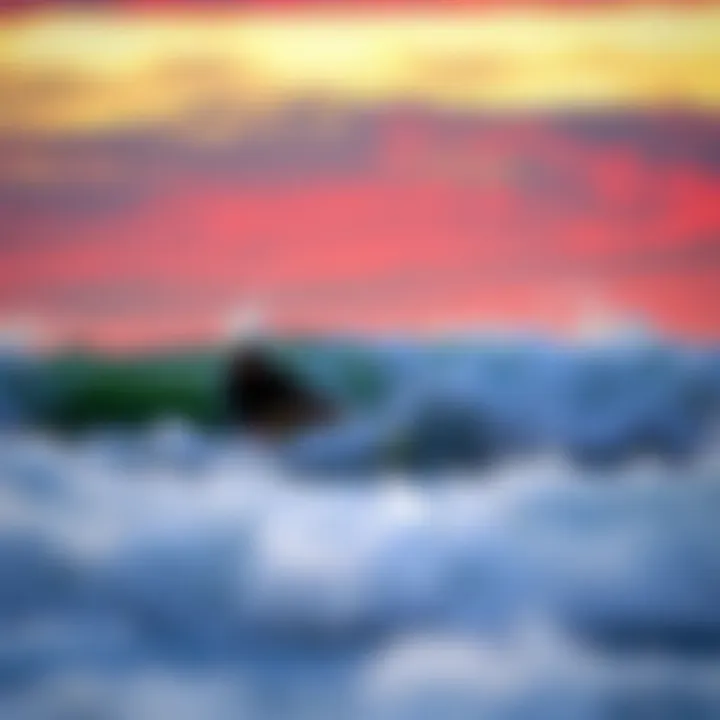 Grace in Motion A surfer gracefully maneuvering through waves under a colorful sky.