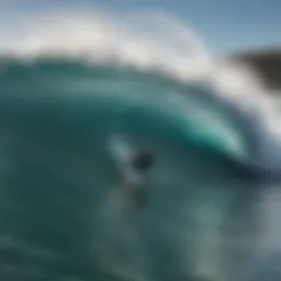 Surfer navigating a stunning wave with the Live Wave app interface visible