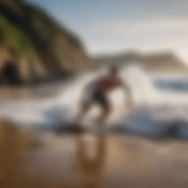 A surfer executing a technique on a small skim board in a coastal setting