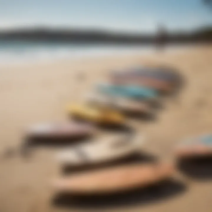 An array of small skim boards displayed against a beautiful beach backdrop