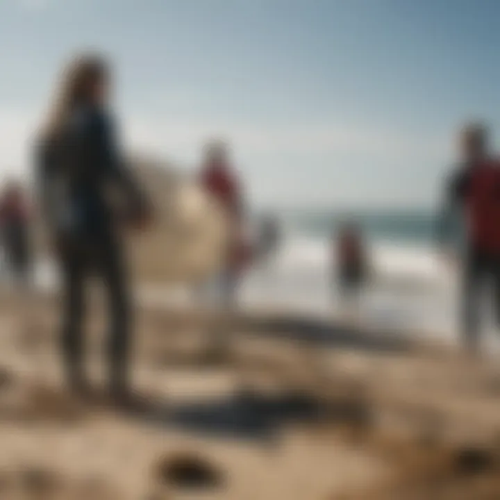 A beach cleanup event with surfers participating, symbolizing community engagement in ocean conservation.