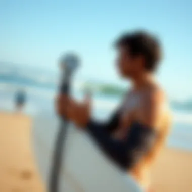 Surfer checking wind conditions with an anemometer on the beach