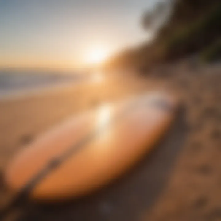 A surfboard resting on the sand with sunset in the background