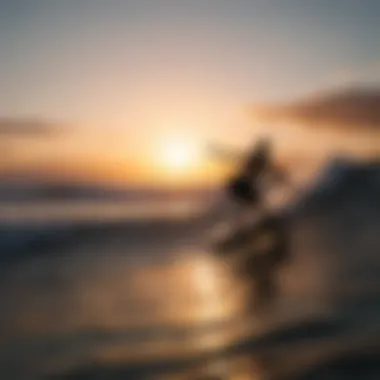 A silhouette of a surfer riding a wave as the sun sets