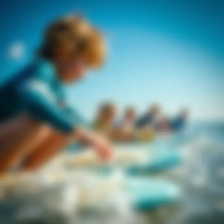 Surfing Community Engagement Children enjoying surf toys at the beach, emphasizing community and fun
