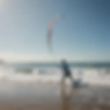 Surfer practicing techniques with a training kite on the beach