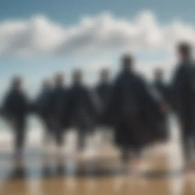 Community of Surfers Embracing Wetsuit Towel Ponchos Group of surfers enjoying at the beach with ponchos
