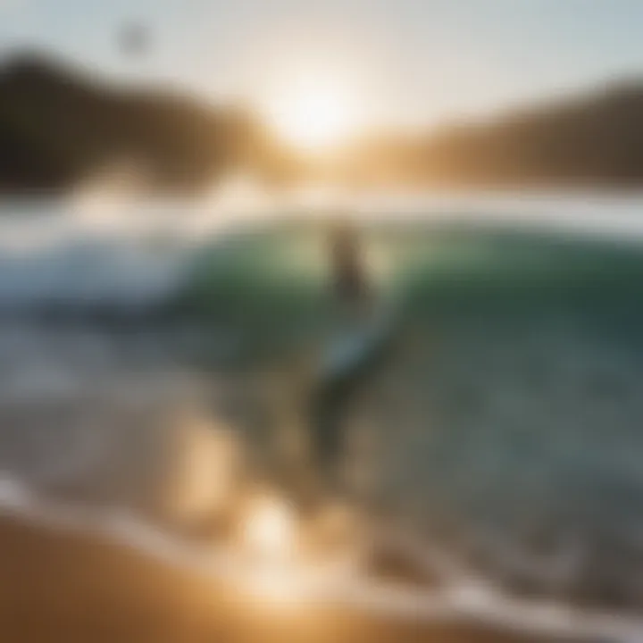 A vibrant beach scene with surfers enjoying the sun and waves