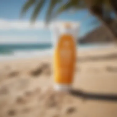 Close-up of Tropicsport SPF 30 waterproof sunscreen tube on a sandy surface