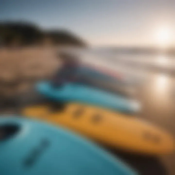 Different types of bodyboards displayed on a beach