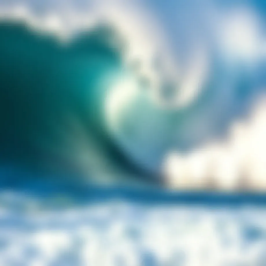A stunning barreling wave crashing onto a sandy beach