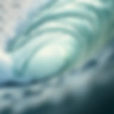 A close-up view of the intricate details of a barreling wave's formation