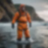 Detailed view of dry suit material showcasing waterproof technology