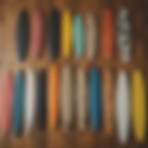 Different types of surfboard grip tape displayed on a wooden table