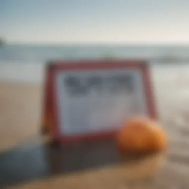 A serene beach scene with a 'No Swimming' sign due to jellyfish warnings