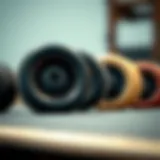 Close-up of longboard wheels showcasing different materials