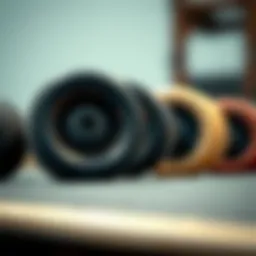 Close-up of longboard wheels showcasing different materials