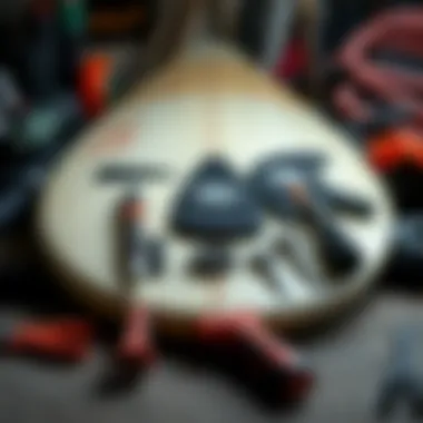 Surfboard and wetsuit maintenance tools arranged neatly