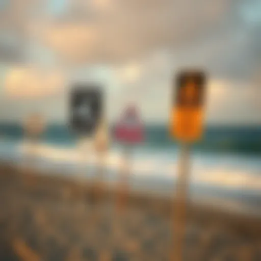 Visual representation of riptide warning signs on a beach