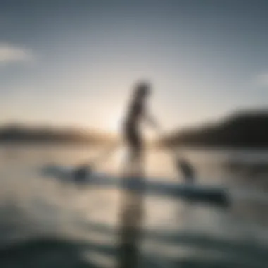 Sleek Design in Motion A sleek self-propelled stand up paddle board gliding over calm waters