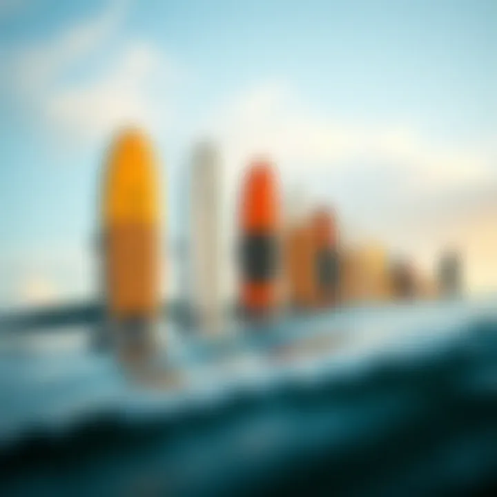 An illustration showing the evolution of stand-up paddle board designs over time