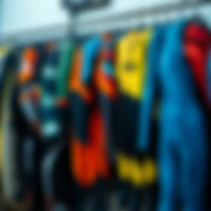 Variety of Surfing Suits Diverse range of surfing suits displayed on a rack