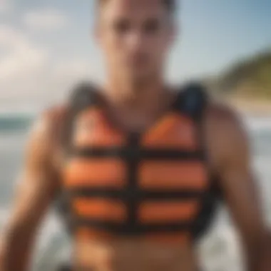 Close-up of a well-fitted life vest on a surfer