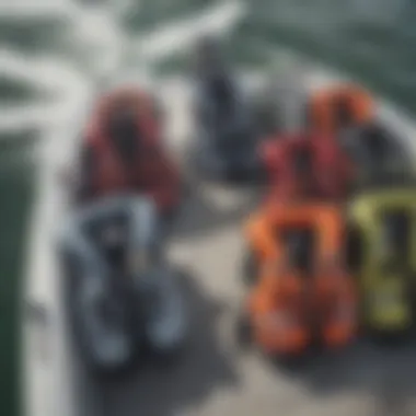 Various types of wake surfing life vests displayed on a boat