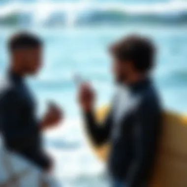 Surfers Utilizing Forecast Technology Surfers analyzing wave height forecast data on a smartphone