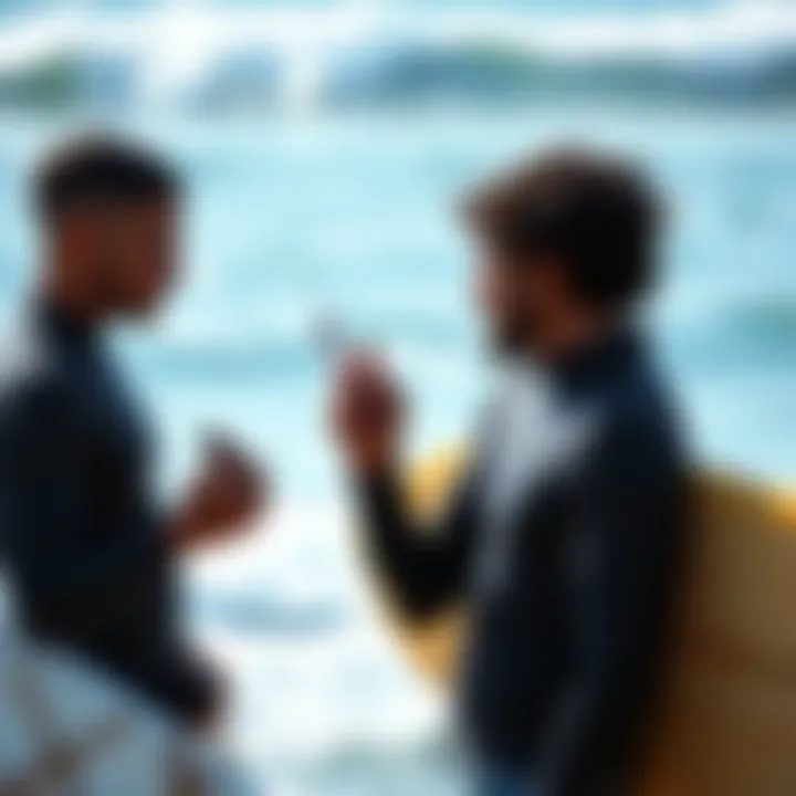 Surfers Utilizing Forecast Technology Surfers analyzing wave height forecast data on a smartphone