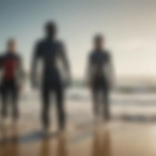 Diverse wetsuit styles displayed on a sandy beach