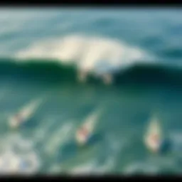 Aerial view of surfers riding waves with varying wind directions
