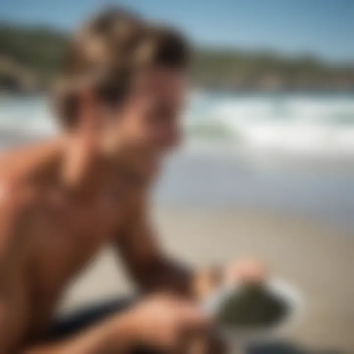 A surfer enjoying a healthy snack of roasted seaweed at the beach