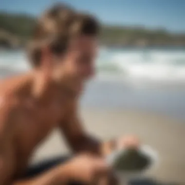 Surfer Enjoying Roasted Seaweed Snack A surfer enjoying a healthy snack of roasted seaweed at the beach