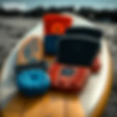 Different types of gorilla traction pads displayed on a surfboard