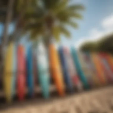 Colorful surfboards lined up on the beach waiting for surfers