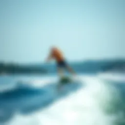 A large individual enjoying wakesurfing on a smooth lake